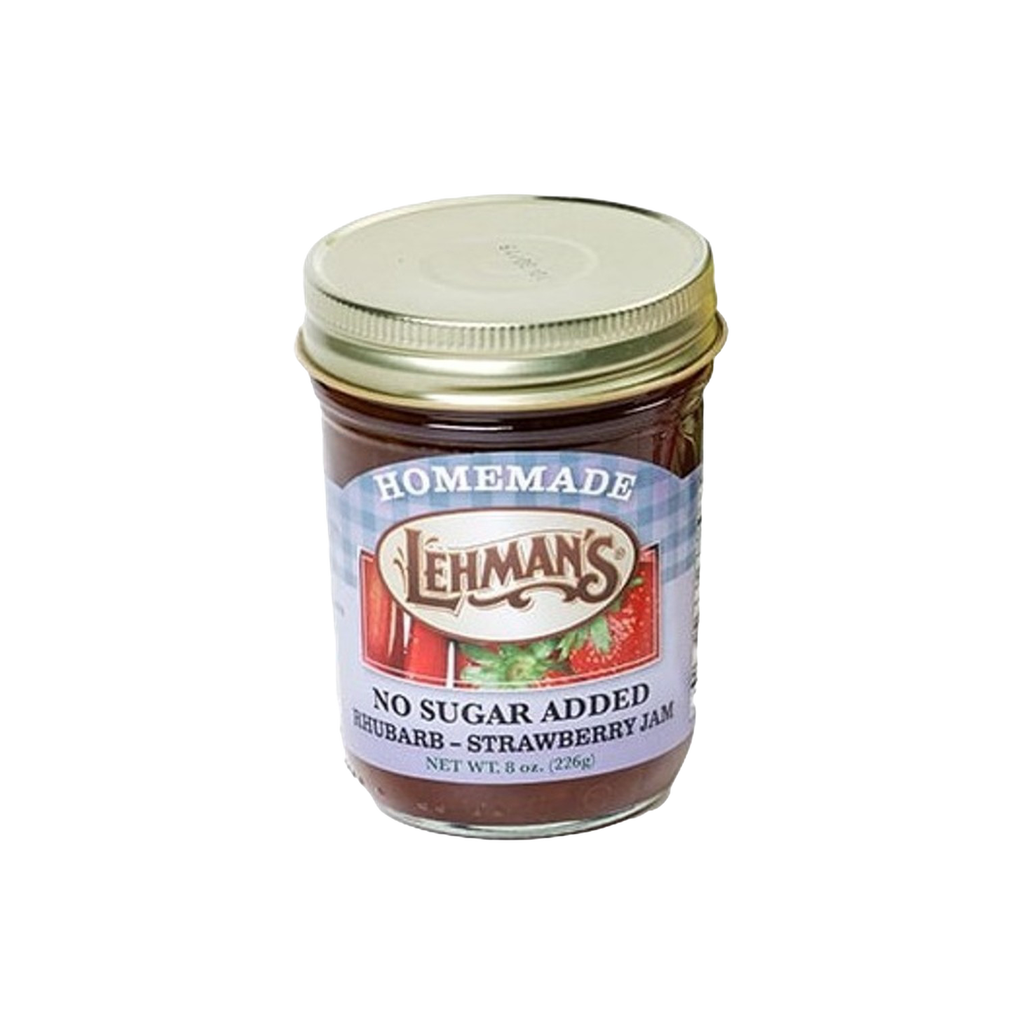 Handcrafted jar of Lehman's no sugar added rhubarb strawberry jam made with all-natural ingredients, ideal for Kitchen & Food, Food, Peanut Butter & Jellies, USA Made, and Best Sellers collections.