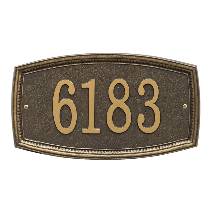 Traditional bronze address plaque with raised border and bold house numbers, handcrafted in the USA, ideal for Home & Decor and Mailboxes and Address Signs collections.