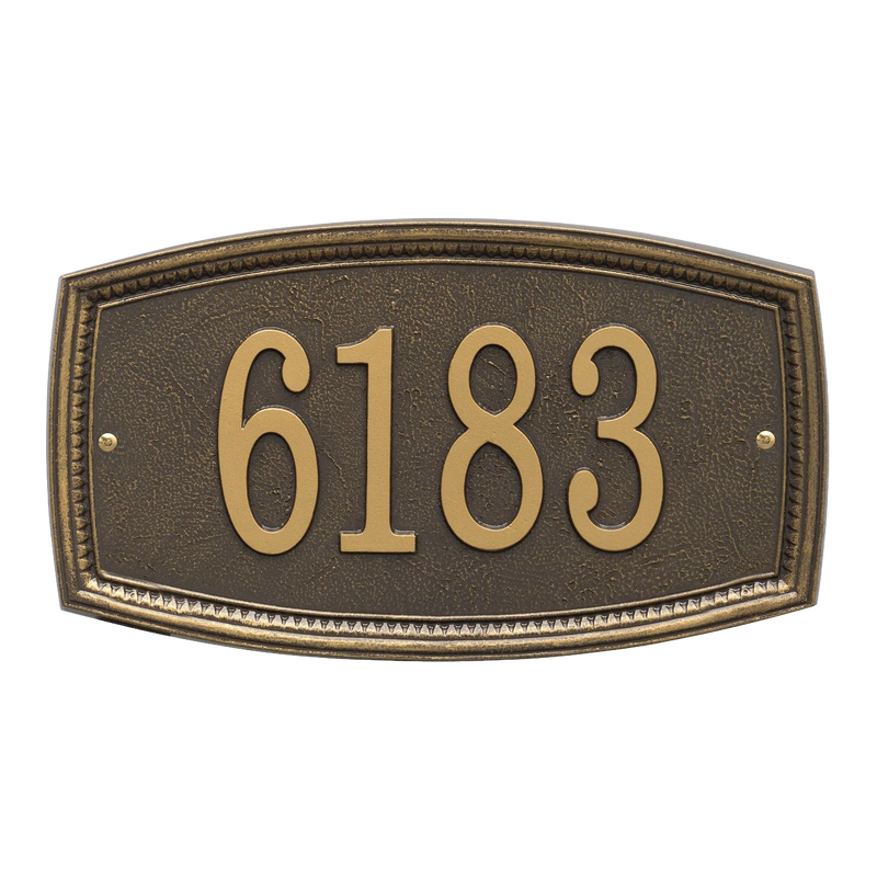 Traditional bronze address plaque with raised border and bold house numbers, handcrafted in the USA, ideal for Home & Decor and Mailboxes and Address Signs collections.