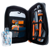 Compact black zippered case opened to reveal an organized 11-piece orange and gray camping kitchen set with utensils, collapsible containers, and cleaning tools, ideal for outdoor cooking and camping gear collections.