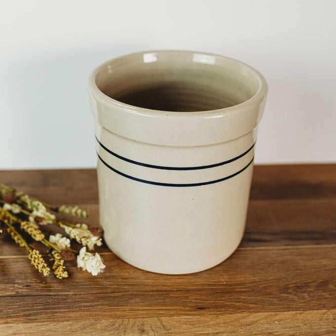 Handcrafted natural stoneware crock with double blue stripes, made in USA, ideal for fermenting small batches or kitchen storage, featured in Kitchen & Food and Food Preservation collections.