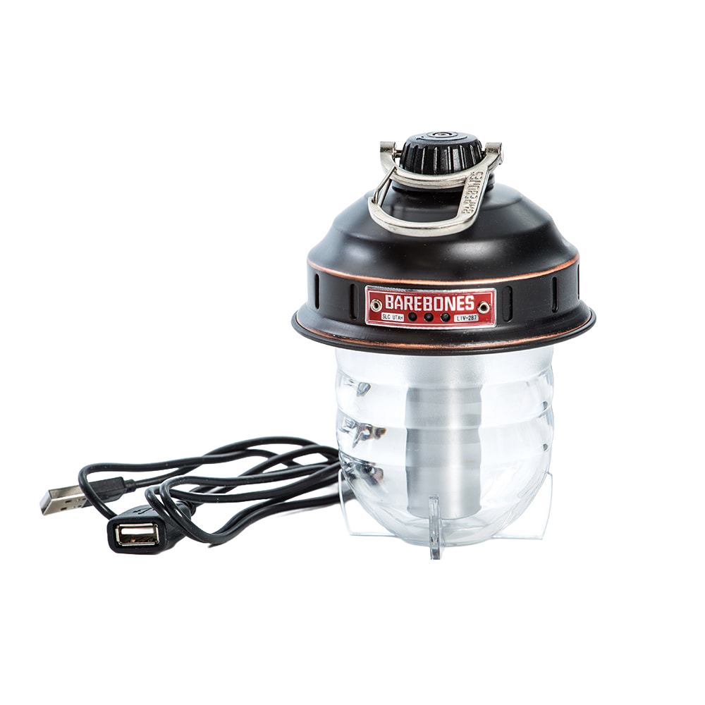 Compact rechargeable LED lantern with durable metal top and clear glass globe, USB charging cable included, ideal for camping, emergency supplies, and outdoor lighting collections.