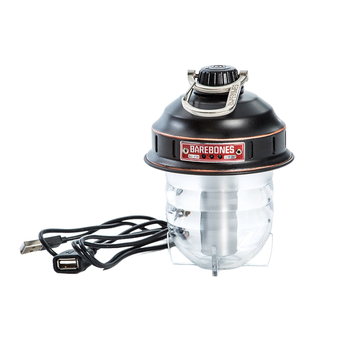 Compact rechargeable LED lantern with durable metal top and clear glass globe, USB charging cable included, ideal for camping, emergency supplies, and outdoor lighting collections.