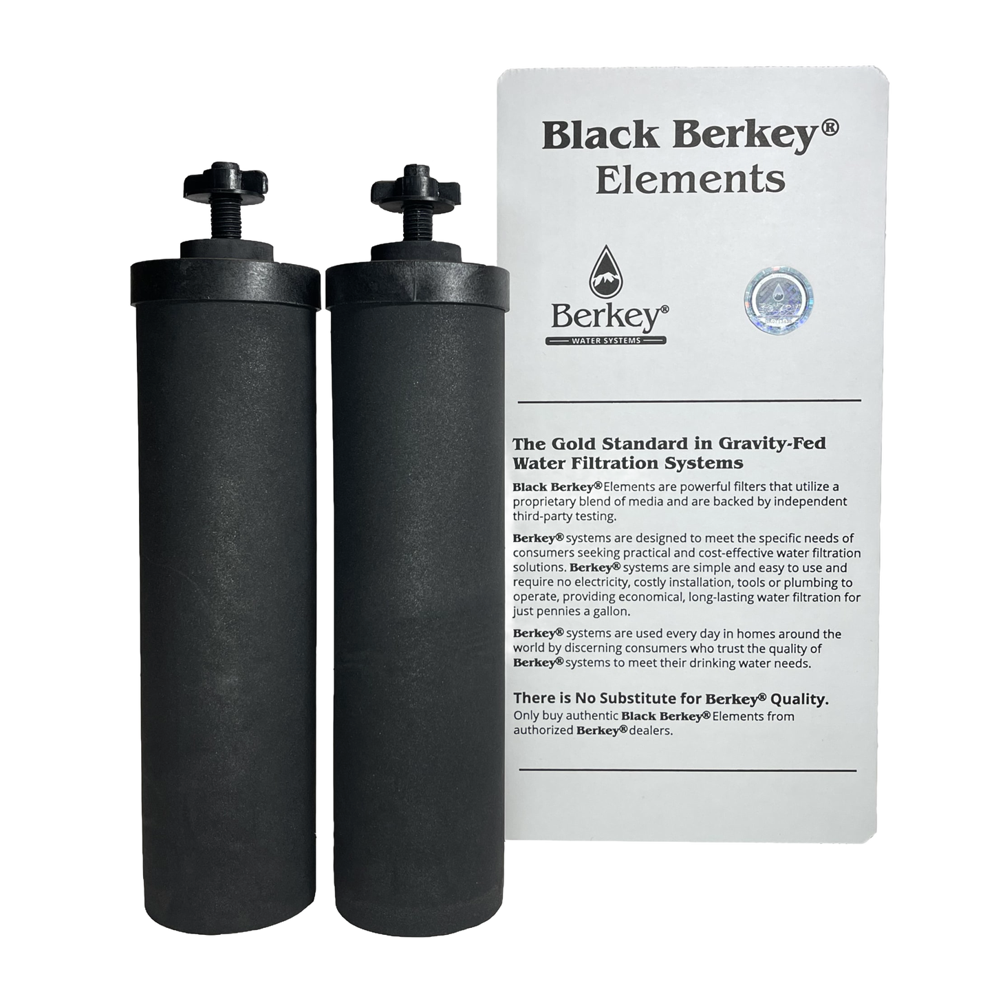 Two black cylindrical water filter elements standing beside a white informational card detailing quality and testing for gravity-fed water filtration, featured in appliances and water treatment collections.