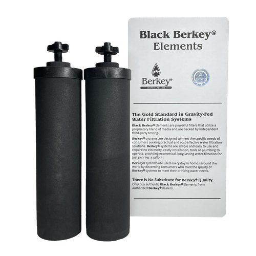Two black cylindrical water filter elements standing beside a white informational card detailing quality and testing for gravity-fed water filtration, featured in appliances and water treatment collections.