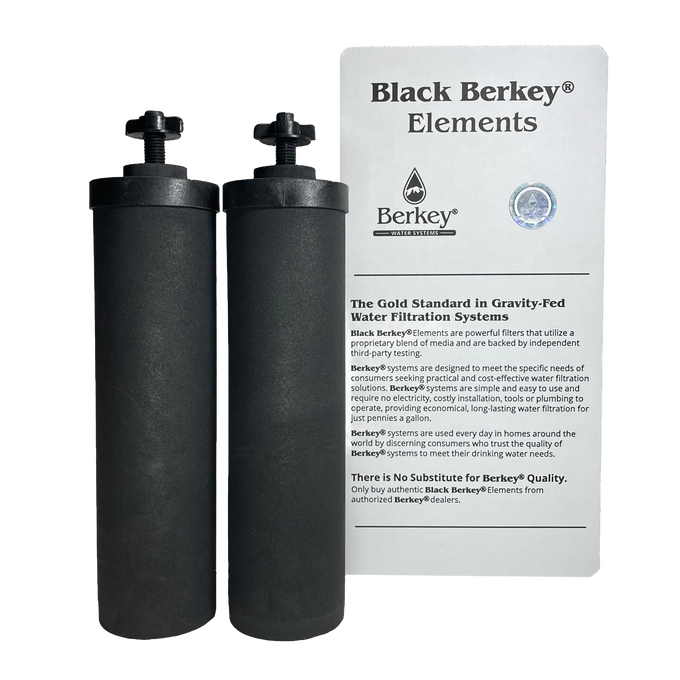 Two black cylindrical water filter elements standing beside a white informational card detailing quality and testing for gravity-fed water filtration, featured in appliances and water treatment collections.