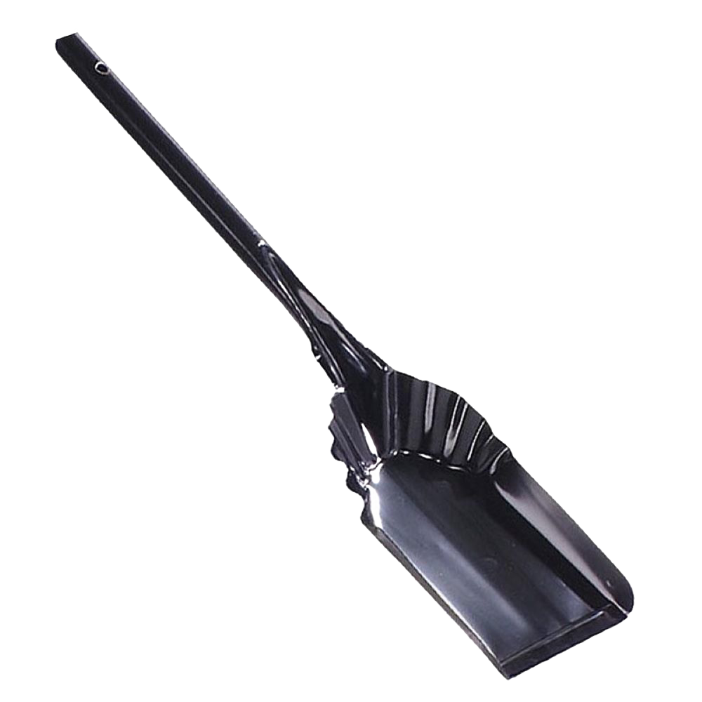 Black steel ash shovel with wide scoop and ergonomic handle, designed for easy ash removal in hearths and wood stoves, handcrafted in USA, ideal for Stoves and Hearth Accessories collections.