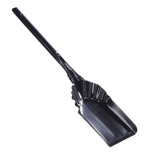 Black steel ash shovel with wide scoop and ergonomic handle, designed for easy ash removal in hearths and wood stoves, handcrafted in USA, ideal for Stoves and Hearth Accessories collections.