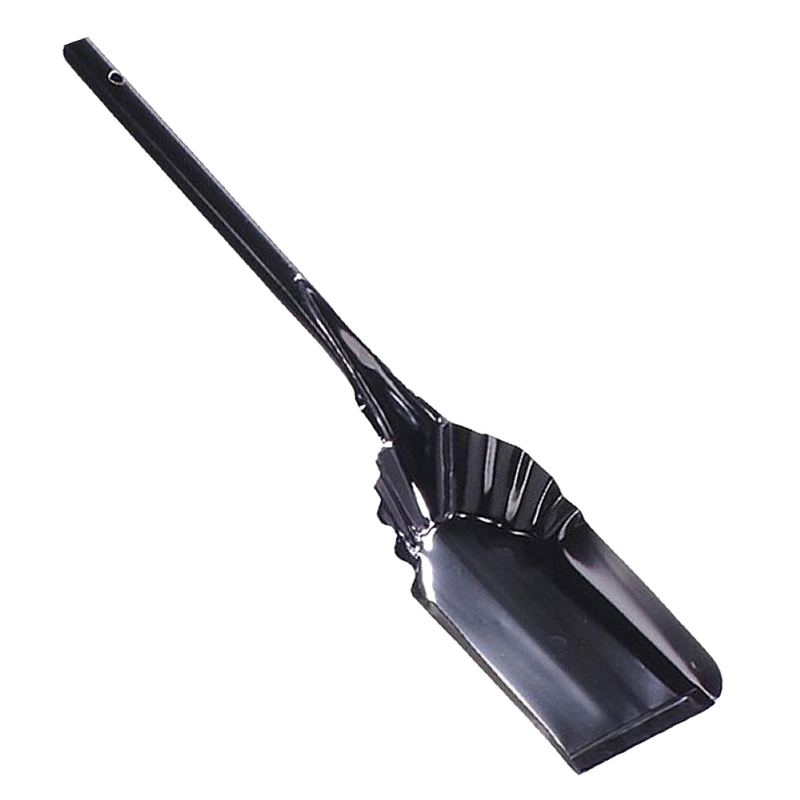 Black steel ash shovel with wide scoop and ergonomic handle, designed for easy ash removal in hearths and wood stoves, handcrafted in USA, ideal for Stoves and Hearth Accessories collections.
