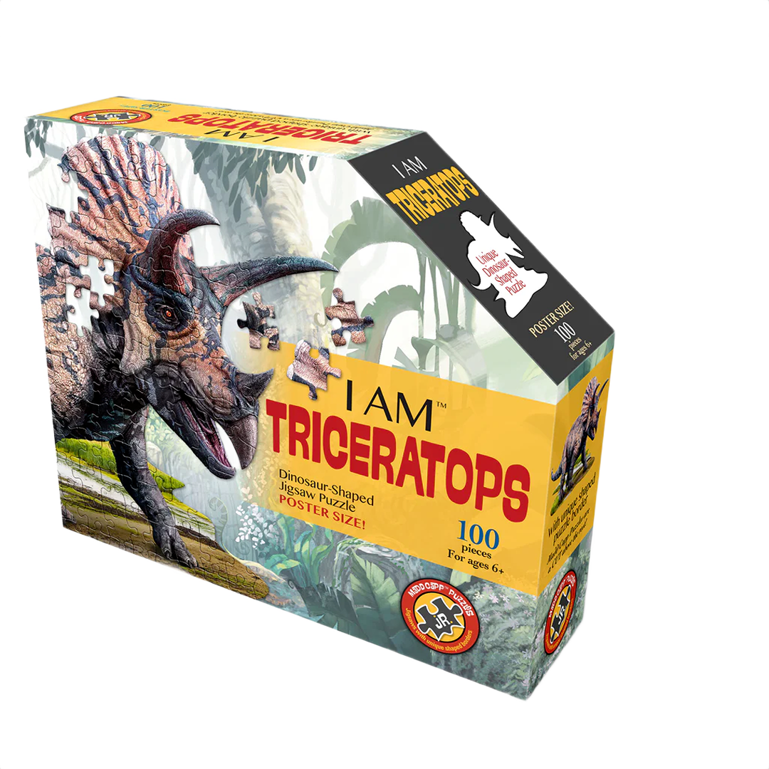 Boxed dinosaur-shaped jigsaw puzzle with 100 pieces featuring a triceratops illustration, designed for children’s imaginative play, part of Toys, Books & Games and Puzzles collections.