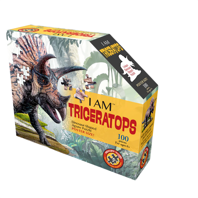 Boxed dinosaur-shaped jigsaw puzzle with 100 pieces featuring a triceratops illustration, designed for children’s imaginative play, part of Toys, Books & Games and Puzzles collections.