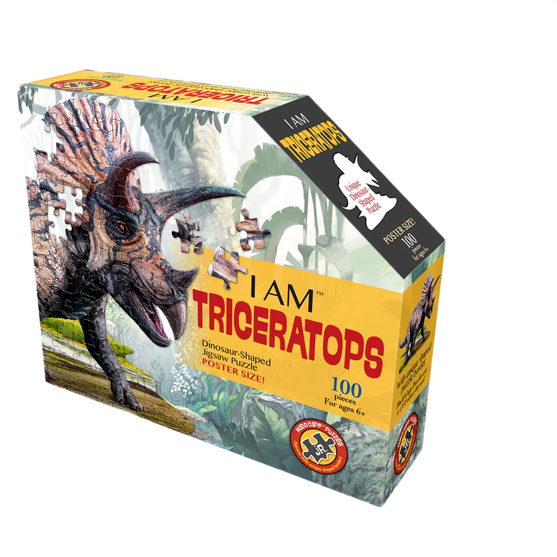 Boxed dinosaur-shaped jigsaw puzzle with 100 pieces featuring a triceratops illustration, designed for children’s imaginative play, part of Toys, Books & Games and Puzzles collections.