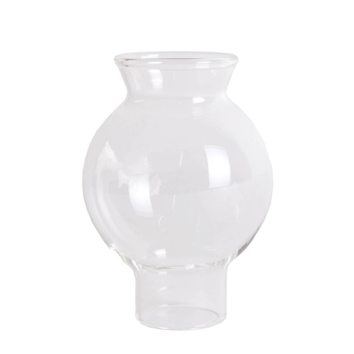 Clear glass chimney with rounded globe shape and flared top, handcrafted as a durable replacement part for vintage oil lamps, suited for Lamps & Lighting and Parts and Accessories collections.