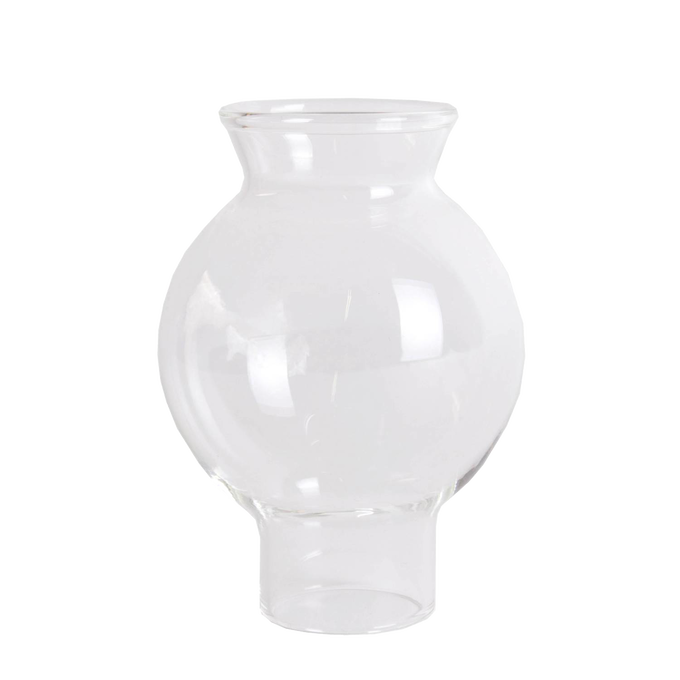 Clear glass chimney with rounded globe shape and flared top, handcrafted as a durable replacement part for vintage oil lamps, suited for Lamps & Lighting and Parts and Accessories collections.