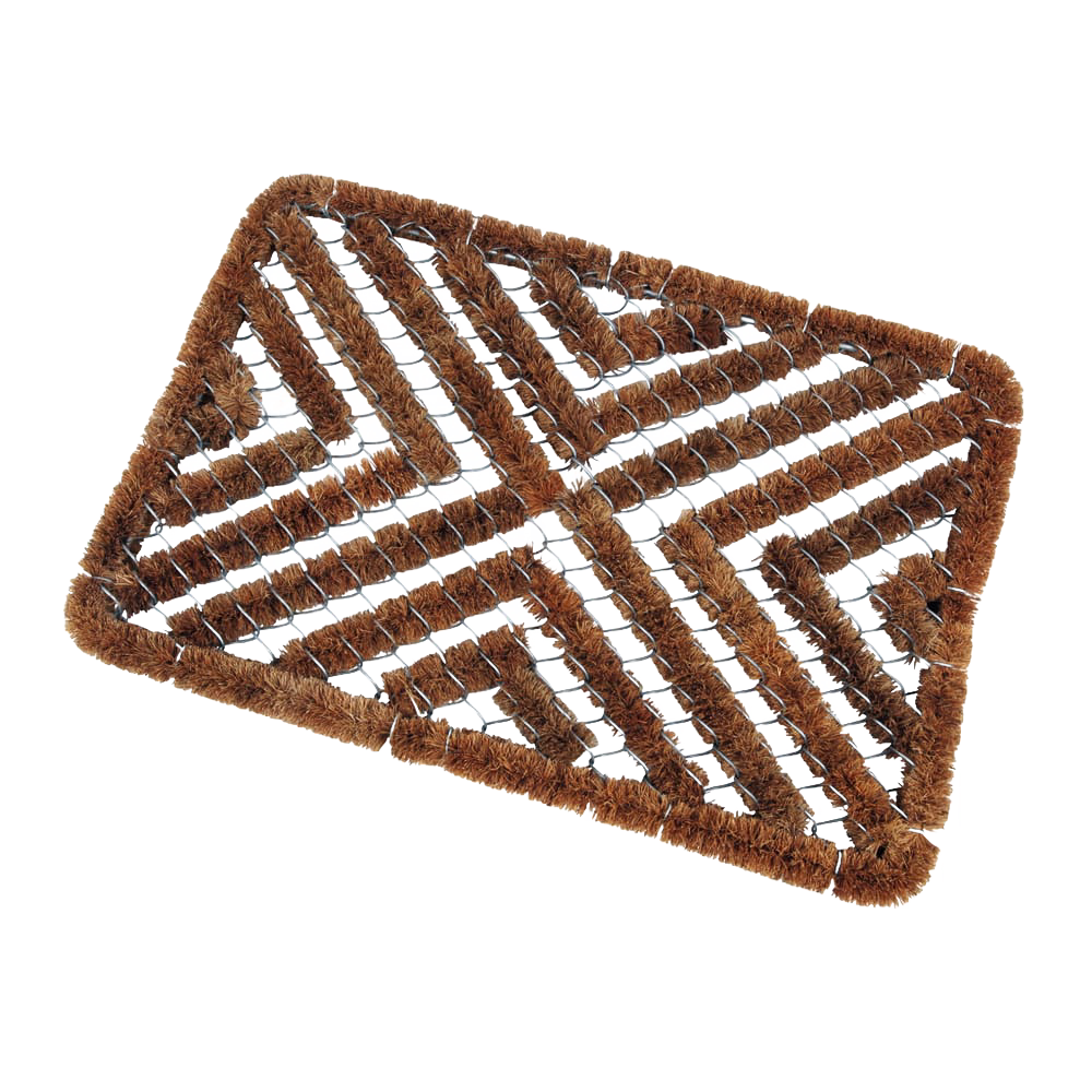 Rectangular all-weather doormat made of durable coconut fiber and wire in a geometric pattern, designed for entryways and garden use in farm and garden collections.
