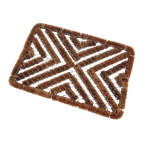Rectangular all-weather doormat made of durable coconut fiber and wire in a geometric pattern, designed for entryways and garden use in farm and garden collections.
