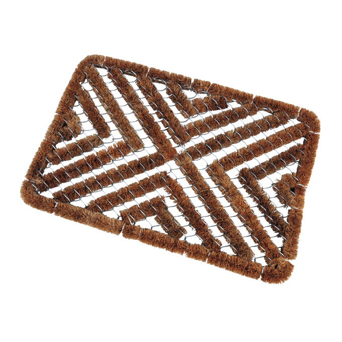 Rectangular all-weather doormat made of durable coconut fiber and wire in a geometric pattern, designed for entryways and garden use in farm and garden collections.