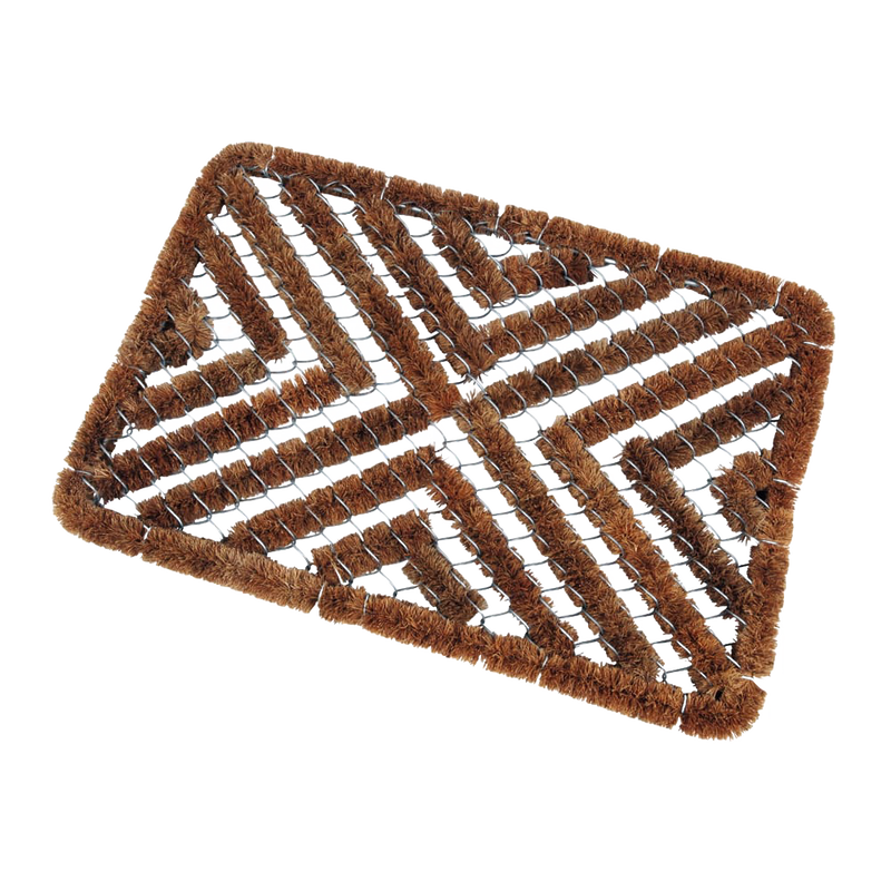Rectangular all-weather doormat made of durable coconut fiber and wire in a geometric pattern, designed for entryways and garden use in farm and garden collections.