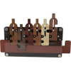 Handcrafted wooden brainteaser featuring six bottle-shaped pieces in varying wood tones arranged within a tray, designed for challenging puzzle fun; part of Toys, Books & Games and Best Sellers collections.