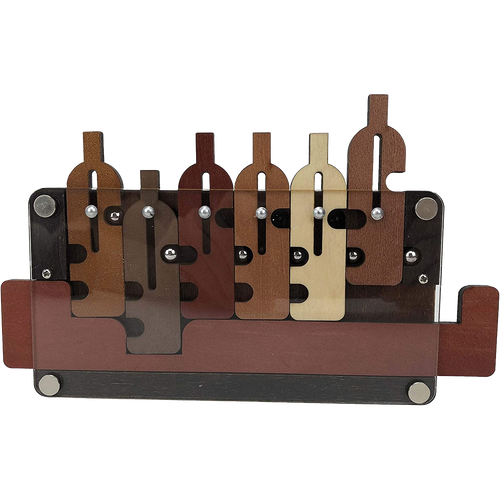 Handcrafted wooden brainteaser featuring six bottle-shaped pieces in varying wood tones arranged within a tray, designed for challenging puzzle fun; part of Toys, Books & Games and Best Sellers collections.