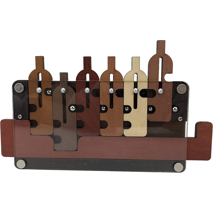 Handcrafted wooden brainteaser featuring six bottle-shaped pieces in varying wood tones arranged within a tray, designed for challenging puzzle fun; part of Toys, Books & Games and Best Sellers collections.