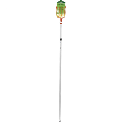 Aluminum telescoping pole fruit picker basket with enameled steel frame and padded base, designed for safe harvest of high fruit; featured in Farm, Garden & Tool and Apple Harvest Supplies collections.