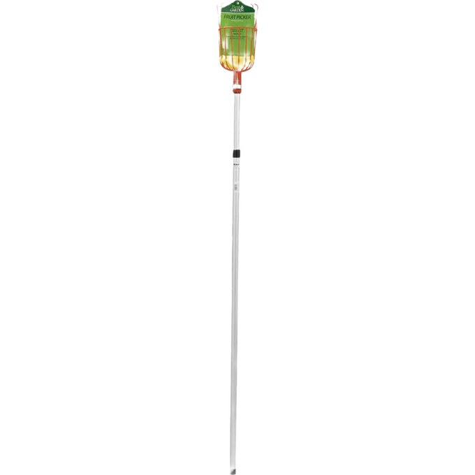 Aluminum telescoping pole fruit picker basket with enameled steel frame and padded base, designed for safe harvest of high fruit; featured in Farm, Garden & Tool and Apple Harvest Supplies collections.