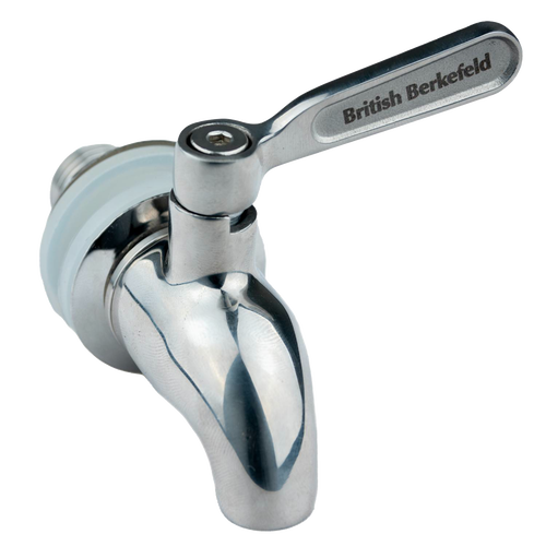 Handcrafted stainless steel replacement tap for gravity water filters, featuring a durable metal lever with engraved branding, ideal for Appliances and Emergency Supplies collections.