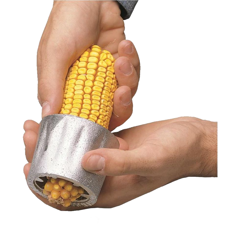 Hands holding a small metal corn sheller with small teeth pulling kernels from a yellow ear of corn, part of Farm, Garden & Tool, Farm Tools, USA Made, Best Sellers, and Promo Eligible collections.