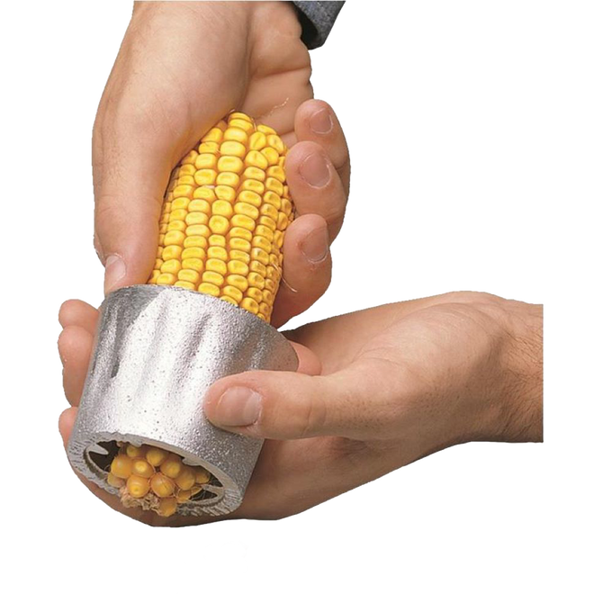 Hands holding a small metal corn sheller with small teeth pulling kernels from a yellow ear of corn, part of Farm, Garden & Tool, Farm Tools, USA Made, Best Sellers, and Promo Eligible collections.