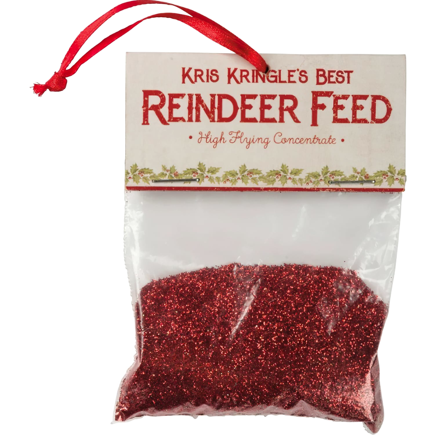 Handcrafted packet of festive red glitter reindeer feed with vintage-style tag reading "Kris Kringle’s Best," designed for holiday charm in Home & Decor, Holiday Decor, Best Sellers, and Promo Eligible collections.