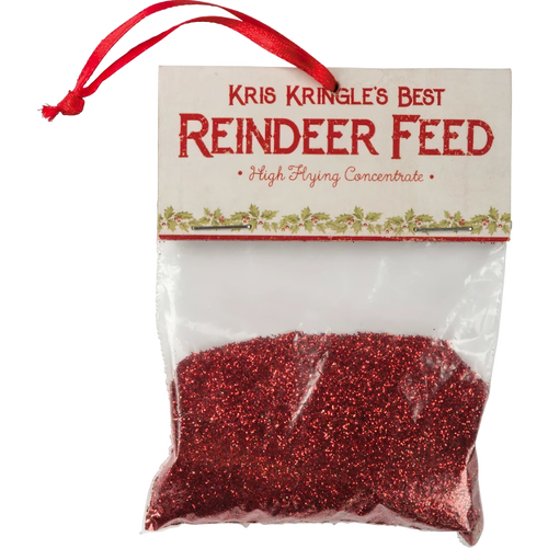 Handcrafted packet of festive red glitter reindeer feed with vintage-style tag reading "Kris Kringle’s Best," designed for holiday charm in Home & Decor, Holiday Decor, Best Sellers, and Promo Eligible collections.