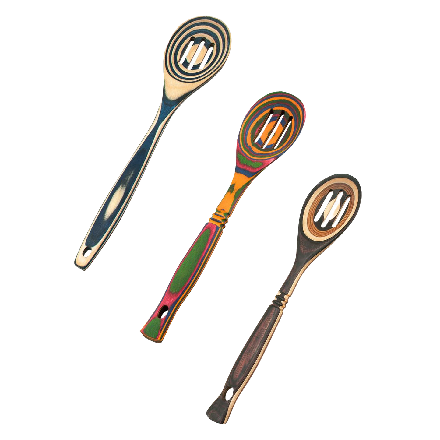 Set of three sturdy pakkawood slotted spoons featuring colorful, stylish patterns and heat-resistant surfaces, ideal for Kitchen & Food, Kitchen Gadgets, and Best Sellers collections.