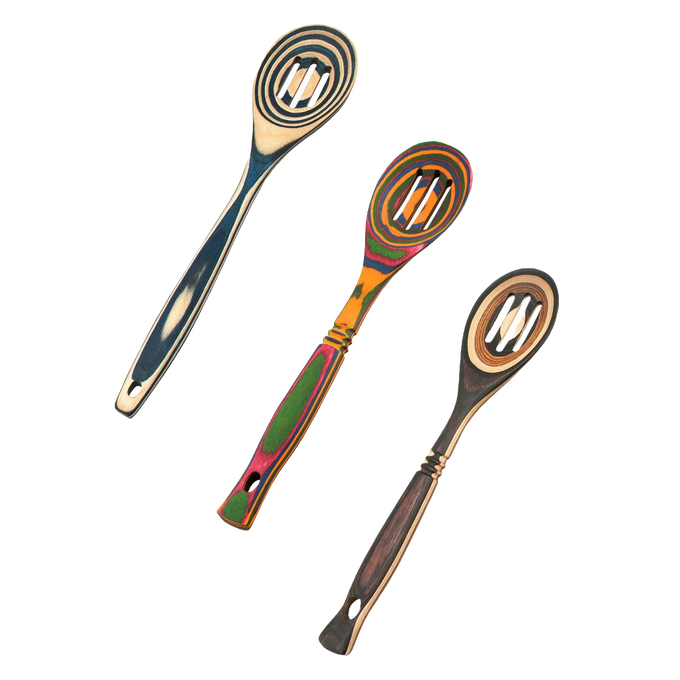 Set of three sturdy pakkawood slotted spoons featuring colorful, stylish patterns and heat-resistant surfaces, ideal for Kitchen & Food, Kitchen Gadgets, and Best Sellers collections.