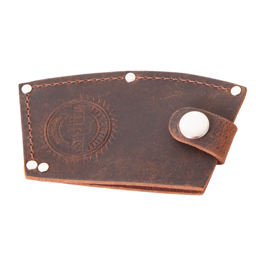 Handmade full-grain American leather axe blade guard with secure snap closure, featuring stamped logo, suitable for axes with 3-3/4" to 4" bits, Amish made, USA made, and part of Farm, Garden & Tool collections.