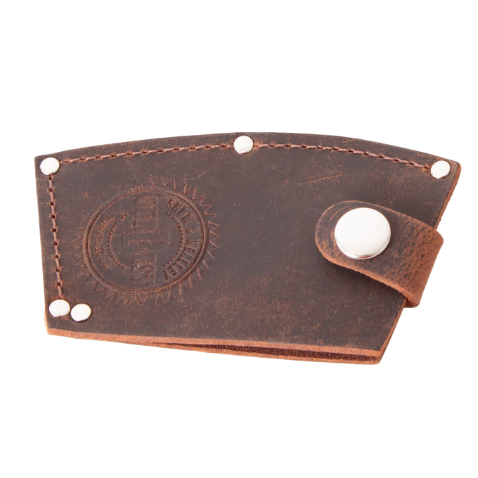 Handmade full-grain American leather axe blade guard with secure snap closure, featuring stamped logo, suitable for axes with 3-3/4" to 4" bits, Amish made, USA made, and part of Farm, Garden & Tool collections.