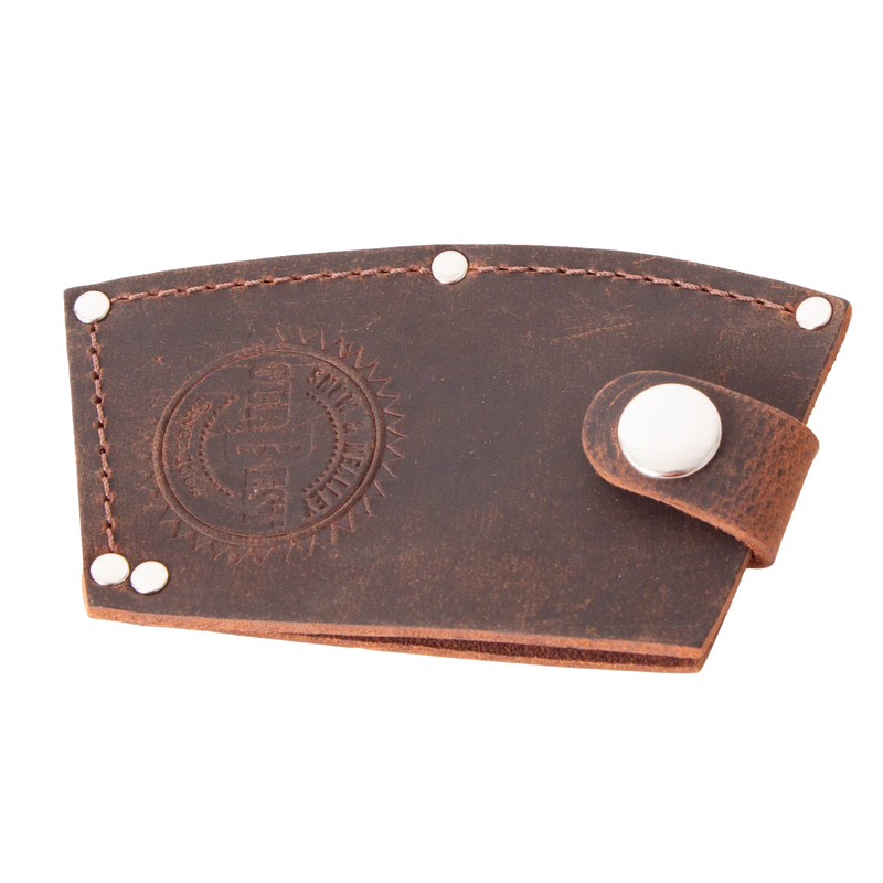 Handmade full-grain American leather axe blade guard with secure snap closure, featuring stamped logo, suitable for axes with 3-3/4" to 4" bits, Amish made, USA made, and part of Farm, Garden & Tool collections.