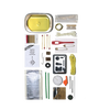 Assortment of essential emergency tools and supplies including fire starters, compass, cord, fishing line, razor, and matches, arranged beside a compact metal can, ideal for Farm, Garden & Tool and Emergency Supplies collections.