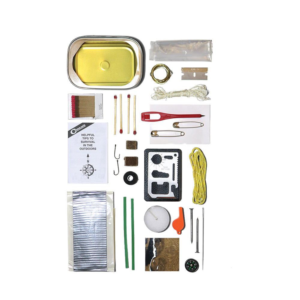 Assortment of essential emergency tools and supplies including fire starters, compass, cord, fishing line, razor, and matches, arranged beside a compact metal can, ideal for Farm, Garden & Tool and Emergency Supplies collections.