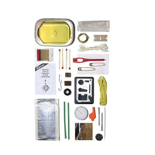 Assortment of essential emergency tools and supplies including fire starters, compass, cord, fishing line, razor, and matches, arranged beside a compact metal can, ideal for Farm, Garden & Tool and Emergency Supplies collections.