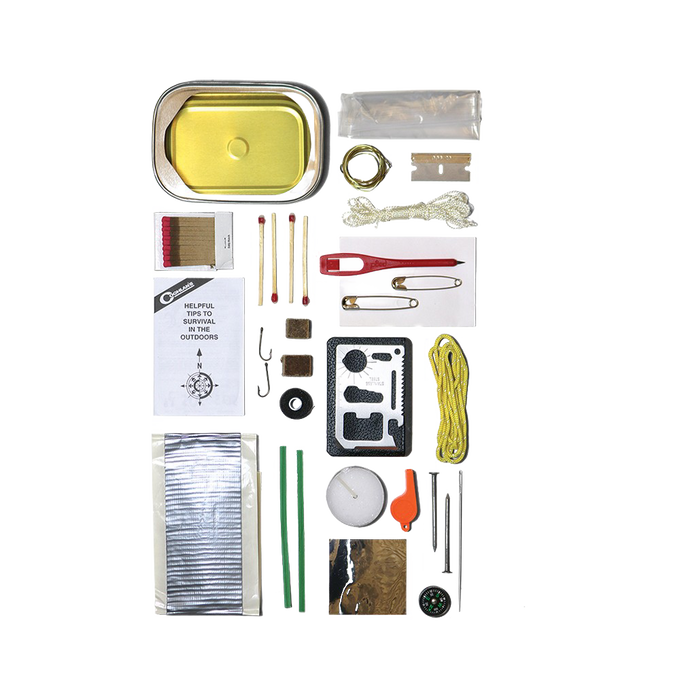 Assortment of essential emergency tools and supplies including fire starters, compass, cord, fishing line, razor, and matches, arranged beside a compact metal can, ideal for Farm, Garden & Tool and Emergency Supplies collections.
