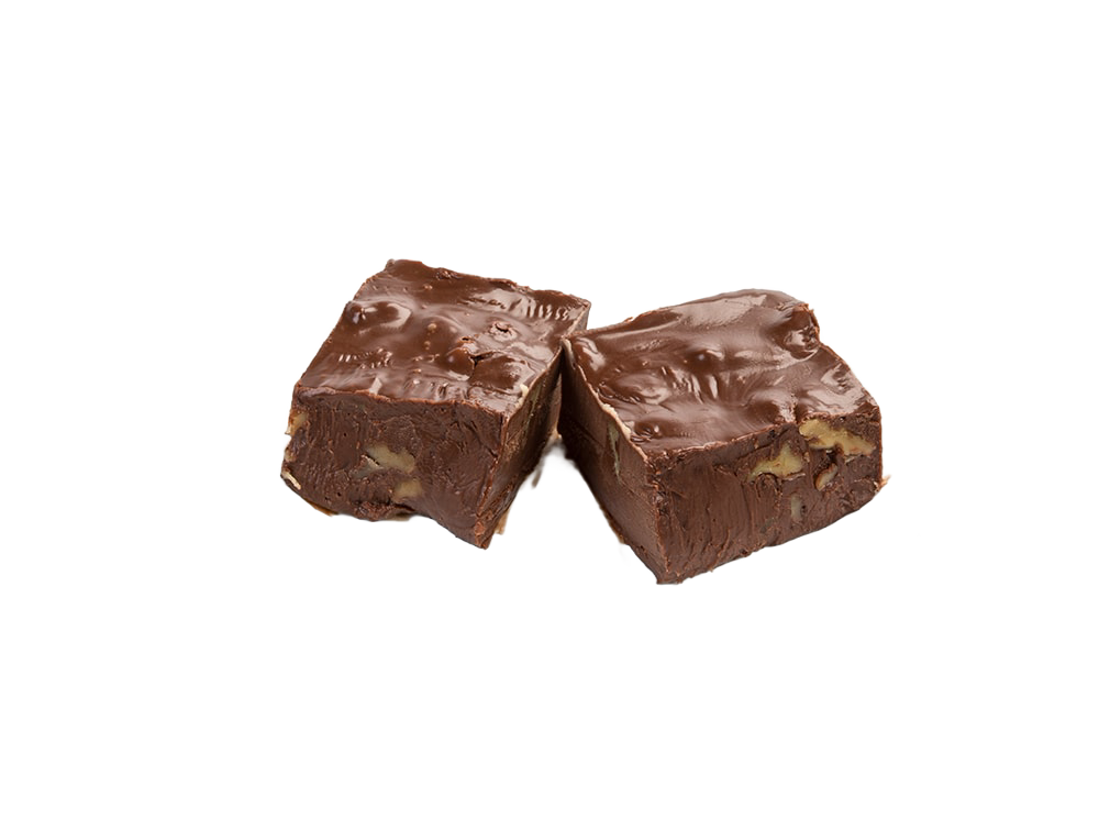 Two handcrafted rich chocolate fudge squares with walnut pieces and a creamy, melt-in-your-mouth texture, featured in Kitchen & Food, Snacks and Sweets, USA Made, Best Sellers, and Promo Eligible collections.