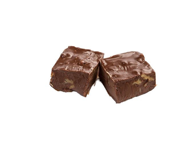 Two handcrafted rich chocolate fudge squares with walnut pieces and a creamy, melt-in-your-mouth texture, featured in Kitchen & Food, Snacks and Sweets, USA Made, Best Sellers, and Promo Eligible collections.