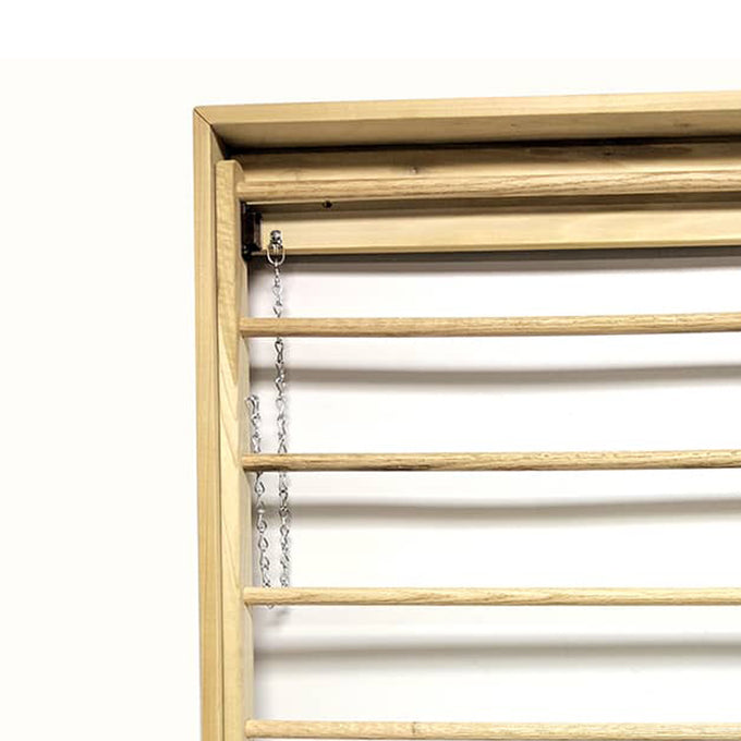 Handcrafted wall-mounted drying rack with seven wooden dowels and metal chains, made in the USA by Amish artisans, perfect for home decor and laundry supplies collections.