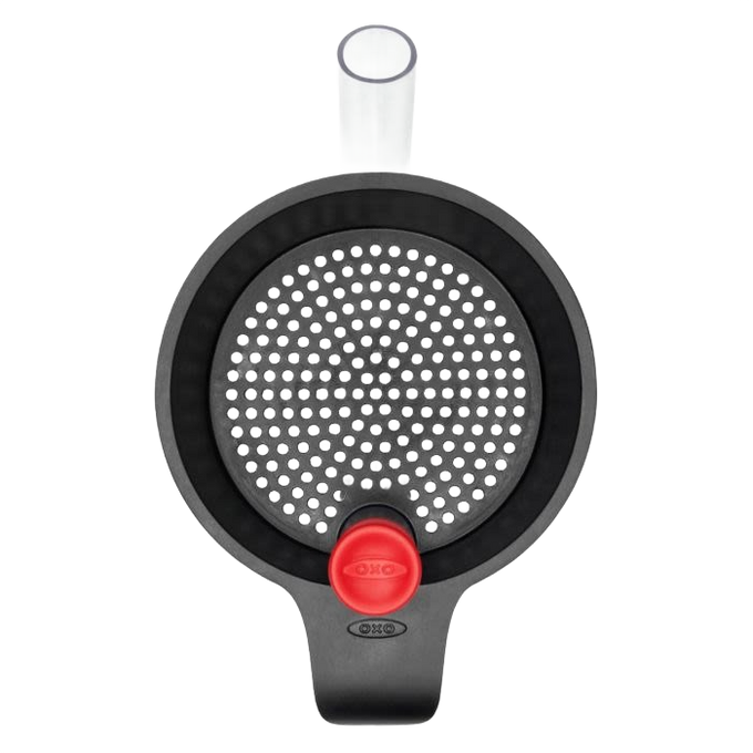 Overhead view of a clear plastic fat separator featuring a black grip handle with soft cushioning, a red stopper for precise pouring, and a built-in strainer, ideal for Kitchen & Food, Kitchen Gadgets, Cooking and Baking Helpers, Best Sellers, and Promo Eligible collections.