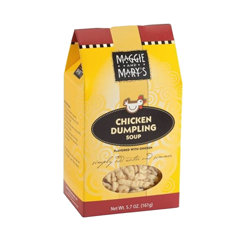 Bright yellow and red box of handcrafted Maggie and Mary's soup mix, featuring chicken dumpling flavor, made in USA for Kitchen & Food, Dry Goods and Mixes, Soups, and Best Sellers collections
