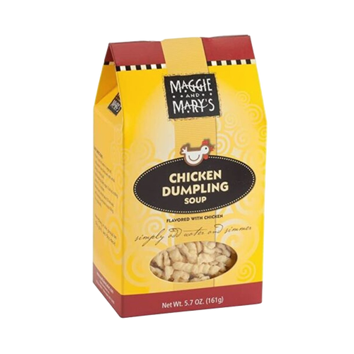 Bright yellow and red box of handcrafted Maggie and Mary's soup mix, featuring chicken dumpling flavor, made in USA for Kitchen & Food, Dry Goods and Mixes, Soups, and Best Sellers collections