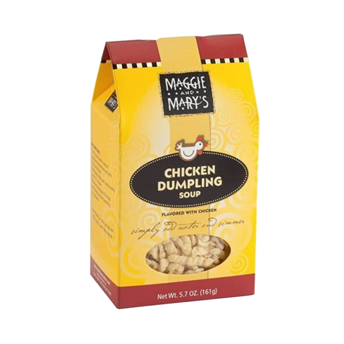 Bright yellow and red box of handcrafted Maggie and Mary's soup mix, featuring chicken dumpling flavor, made in USA for Kitchen & Food, Dry Goods and Mixes, Soups, and Best Sellers collections