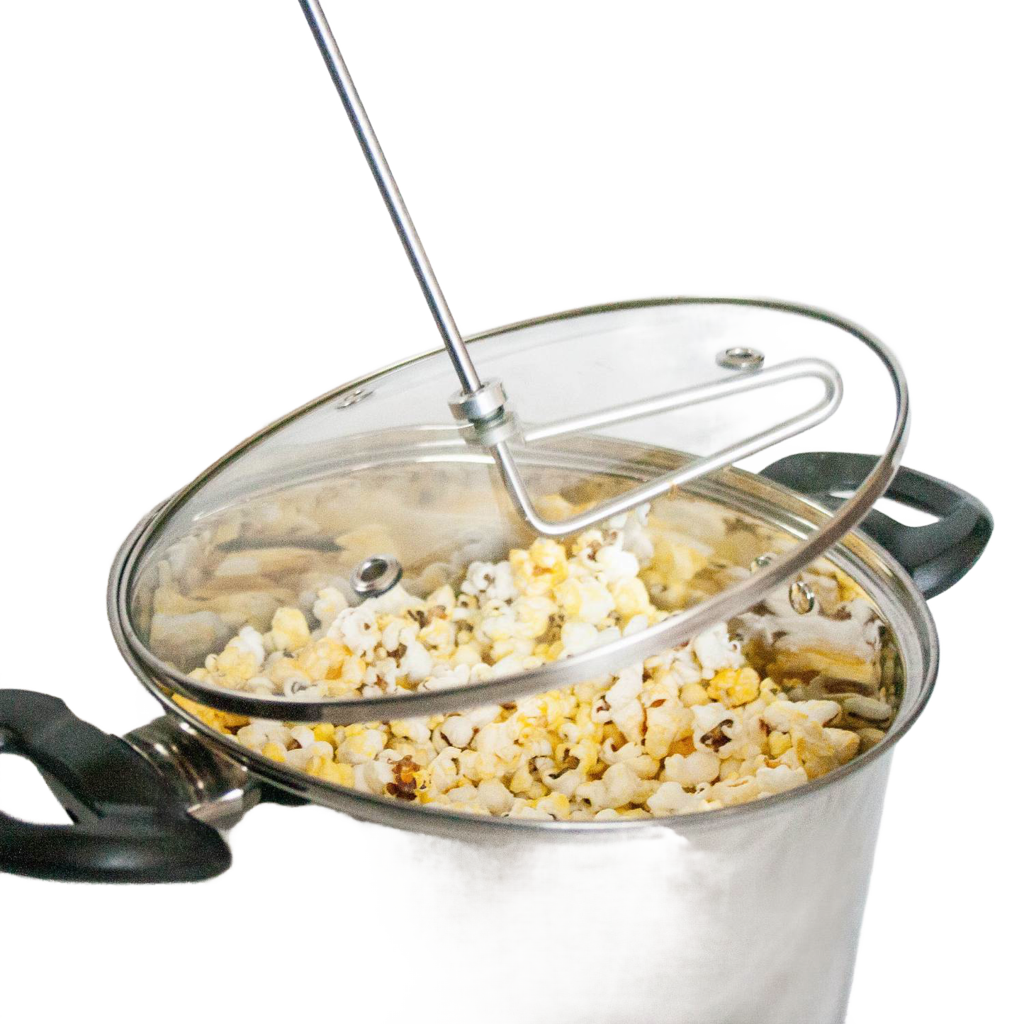 Stainless steel stovetop popcorn popper with glass lid, black handles, and manual stirring arm, handcrafted for Kitchen & Food, Cookware, Pots and Pans, and Best Sellers collections.