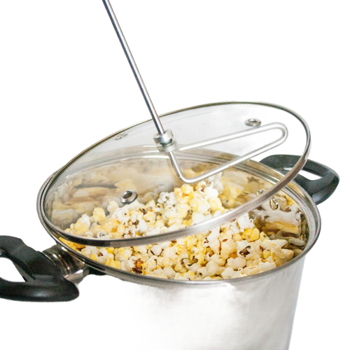 Stainless steel stovetop popcorn popper with glass lid, black handles, and manual stirring arm, handcrafted for Kitchen & Food, Cookware, Pots and Pans, and Best Sellers collections.